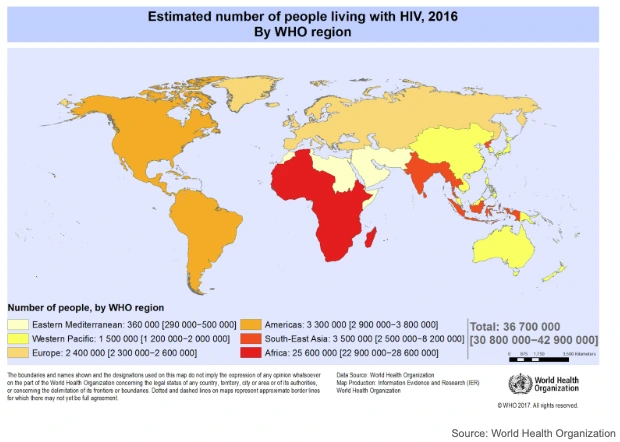 Estimated number of people living with HIV, 2016 by WHO region